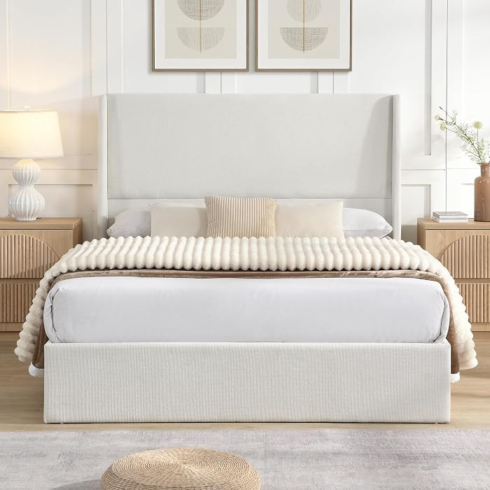 King Size Upholstered Bed Frame, 50.8" High Headboard Wingback Bed Frames, Tall Headboard Floor P... | Amazon (US)