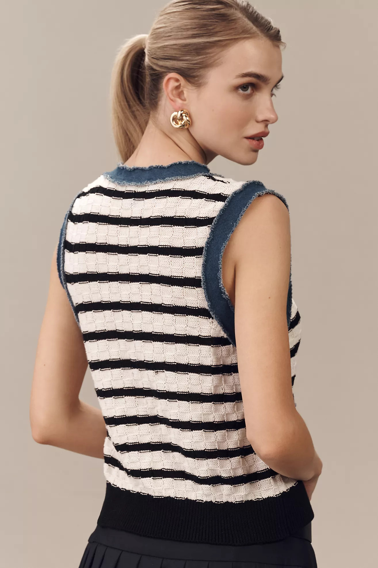 Laundry by Shelli Segal V-Neck Pointelle Denim-Trim Sweater Vest | Anthropologie (US)