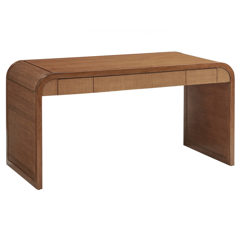 Montclair Coastal Beach Brown Wood Rattan Raffia 3 Drawer Desk | Kathy Kuo Home