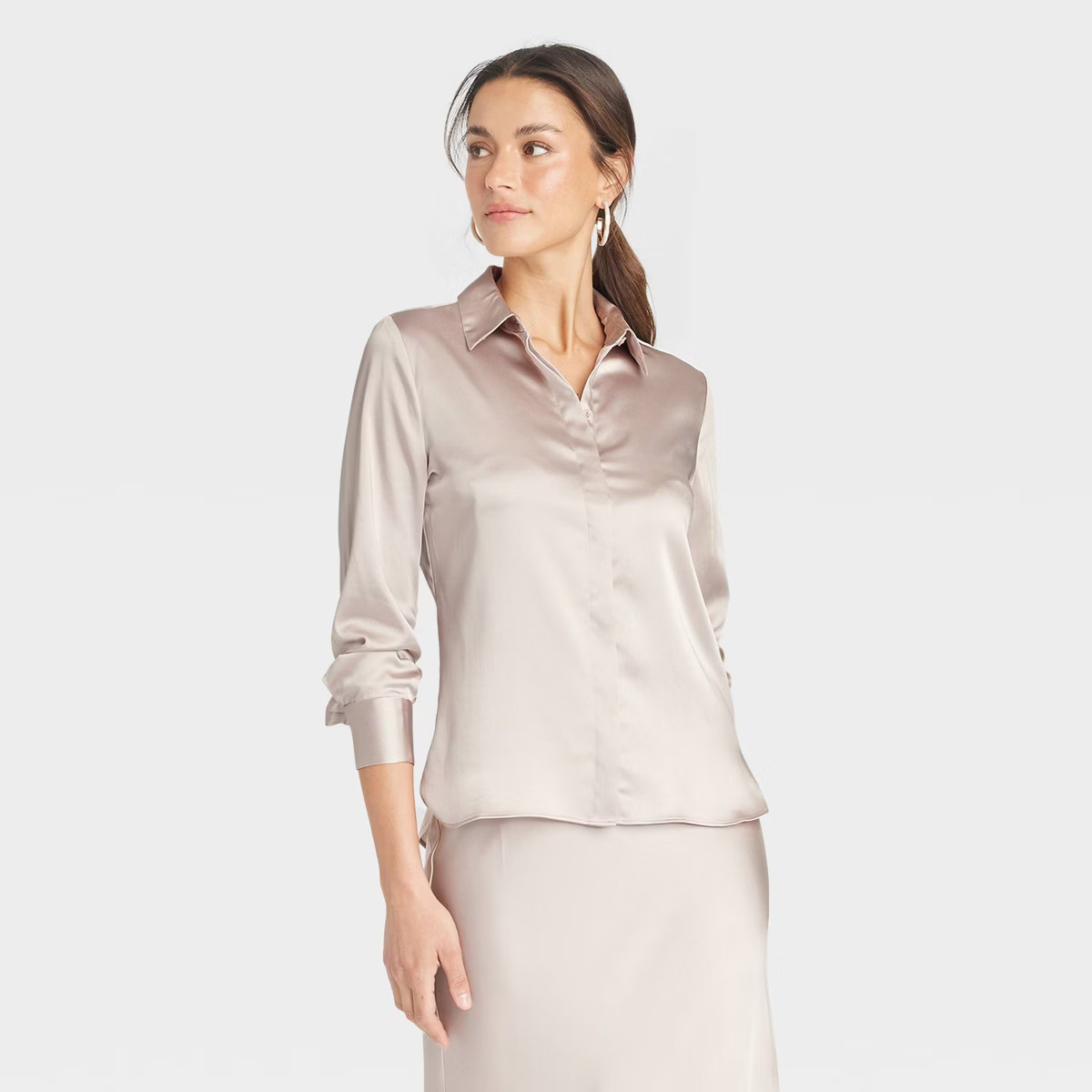 Women's Long Sleeve Satin Button-Down Shirt - A New Day™ Beige XS | Target