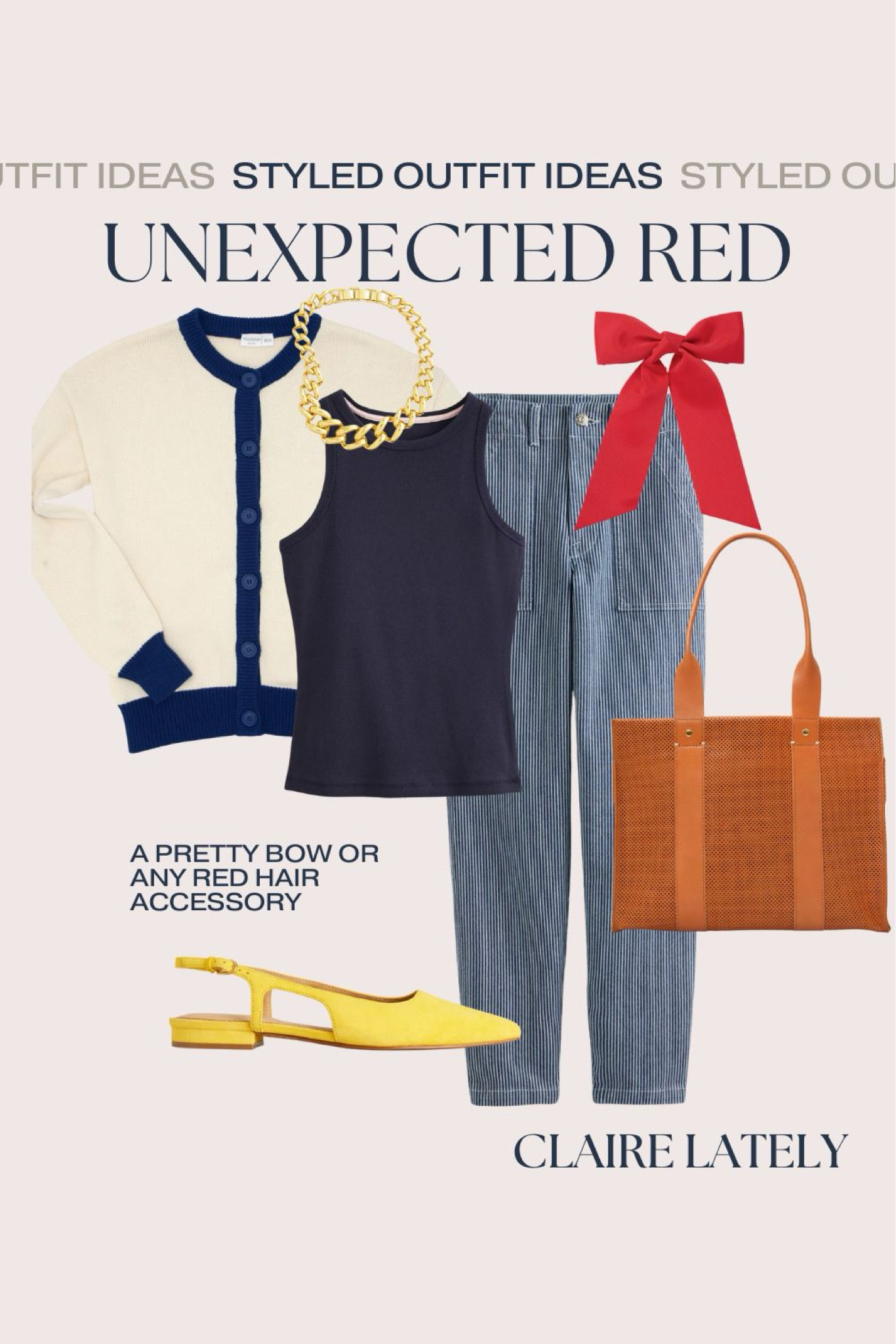 How to style the unexpected red theory - with a bow or any hair accessory. Pair it with yellow slingback flats, a Clare v perforated tote, railroad denim, racerback tank, minnow cardigan sweater, and a chunky gold necklace. 
See all 6 ideas on my Styled Looks Collection on the LTK APP. 
❤️ Claire Lately 

#LTKover40 #LTKitbag #LTKworkwear