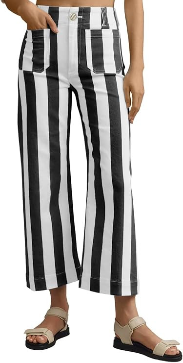 Womens Striped Jeans Wide Leg Trousers Casual High Waisted Stretchy Straight Leg Denim Pants with... | Amazon (US)