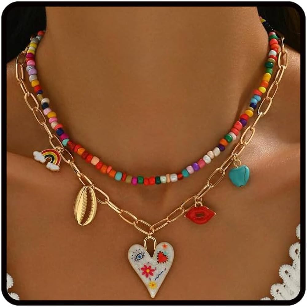 Layered Necklaces For Women, Boho Colorful Beaded Rainbow Shell Turquoise Evil Eye Heart Pendant ... | Amazon (US)