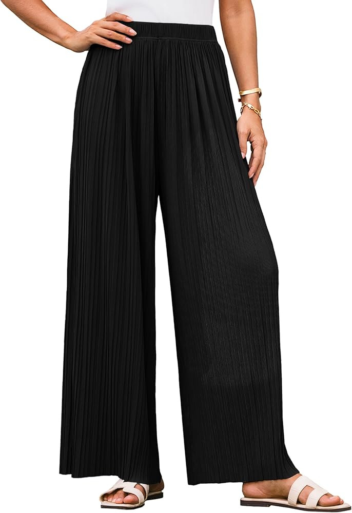 GRACE KARIN Womens Casual Wide Leg Pants Pleated High Elastic Waist Flowy Loose Beach Palazzo Pan... | Amazon (US)