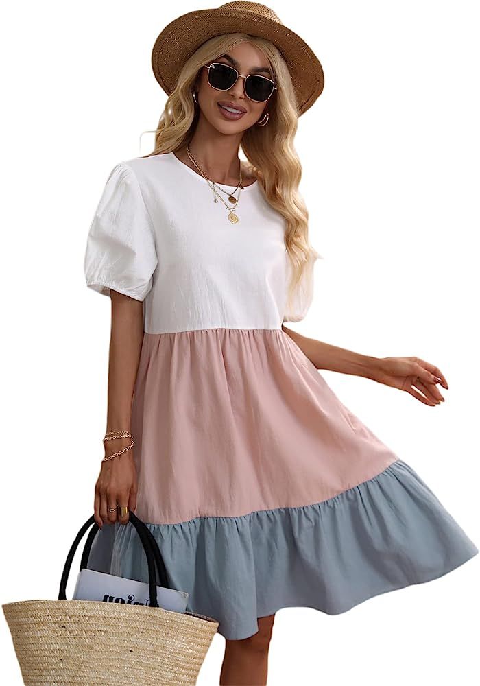 Milumia Women's Casual Colorblock Puff Short Sleeve Ruffle Knee Length Tshirt Dress | Amazon (US)
