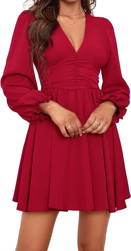 Umenlele Women's V Neck Ruched Ruffle Puff Long Sleeve Cocktail Flowy Short Dress | Amazon (US)