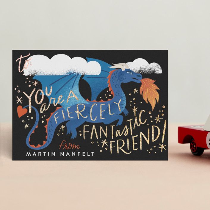 "Dragon" - Customizable Foil-pressed Classroom Valentine's Day Cards in Blue by Alethea and Ruth. | Minted
