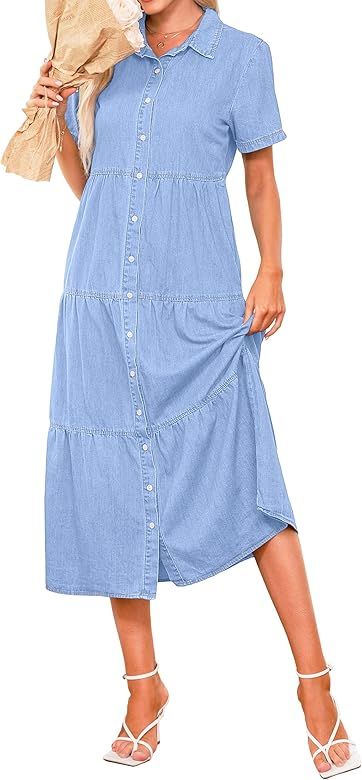 luvamia Denim Dress for Women Button Down Long Jean Shirt Vacation Dresses Babydoll Tiered Casual... | Amazon (US)