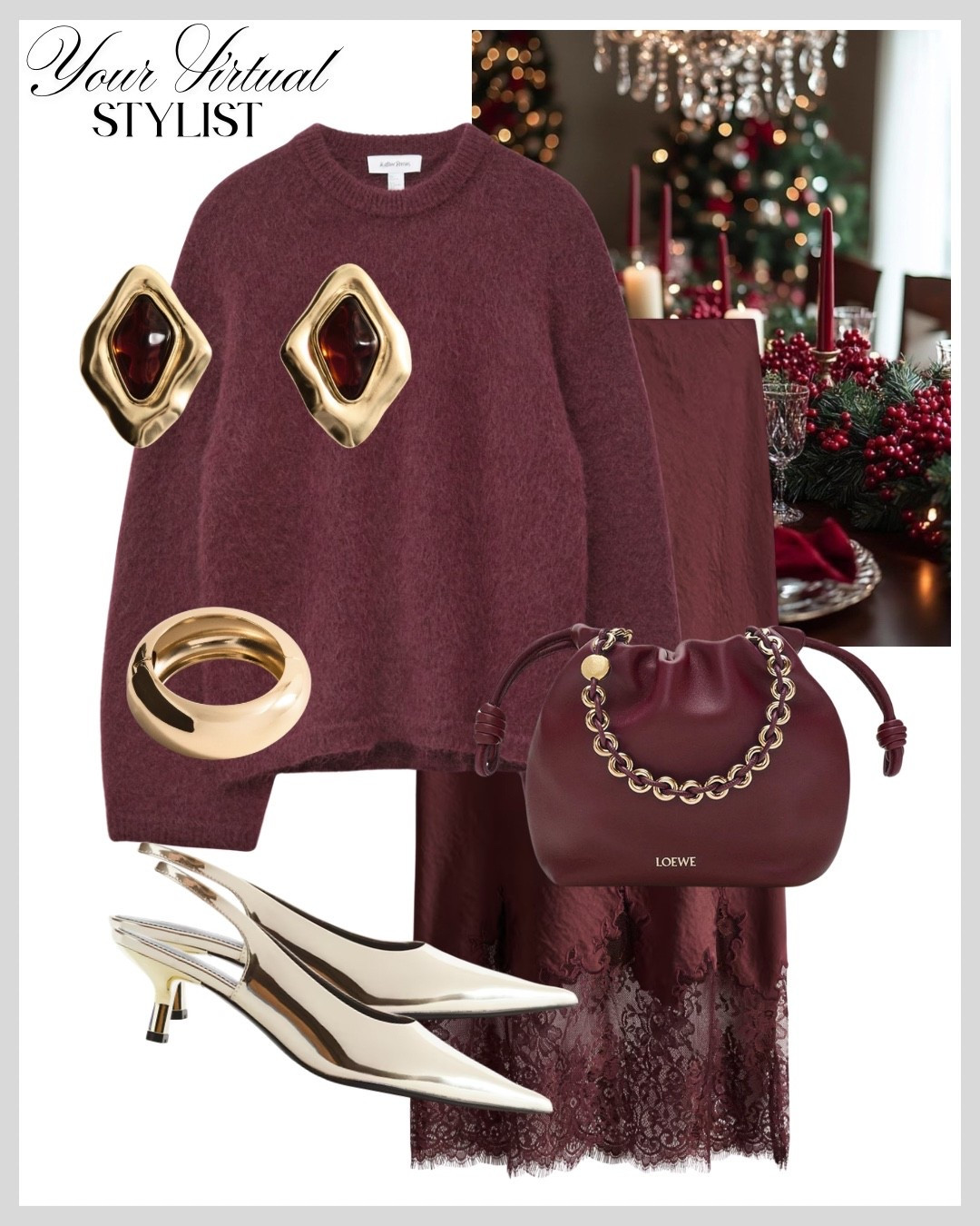 A burgundy silk lace-trim skirt paired with a soft mohair sweater creates a cozy yet elegant look. Finished with refined accessories, this outfit blends warmth and sophistication for a perfectly polished holiday style🍇🥂

#LTKpartywear #LTKwinter #LTKfestive