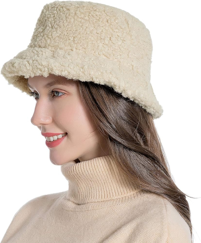 Women Winter Bucket Hat Vintage Cloche Hats Warm Faux Fur Wool Outdoor Fisherman Cap | Amazon (US)