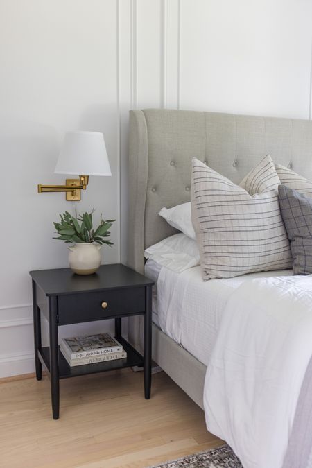 Bedroom, plug-in sconce, swing arm sconce, brass sconce, black nightstand, gray bed, guest room

#LTKstyletip #LTKfamily #LTKhome