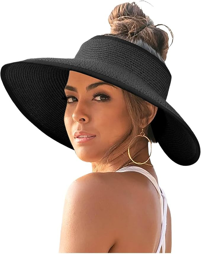 Foldable Sun Hats for Women Wide Brim Straw Visor Hats Uv UPF Roll-Up Ponytail Summer Visor Beach... | Amazon (US)