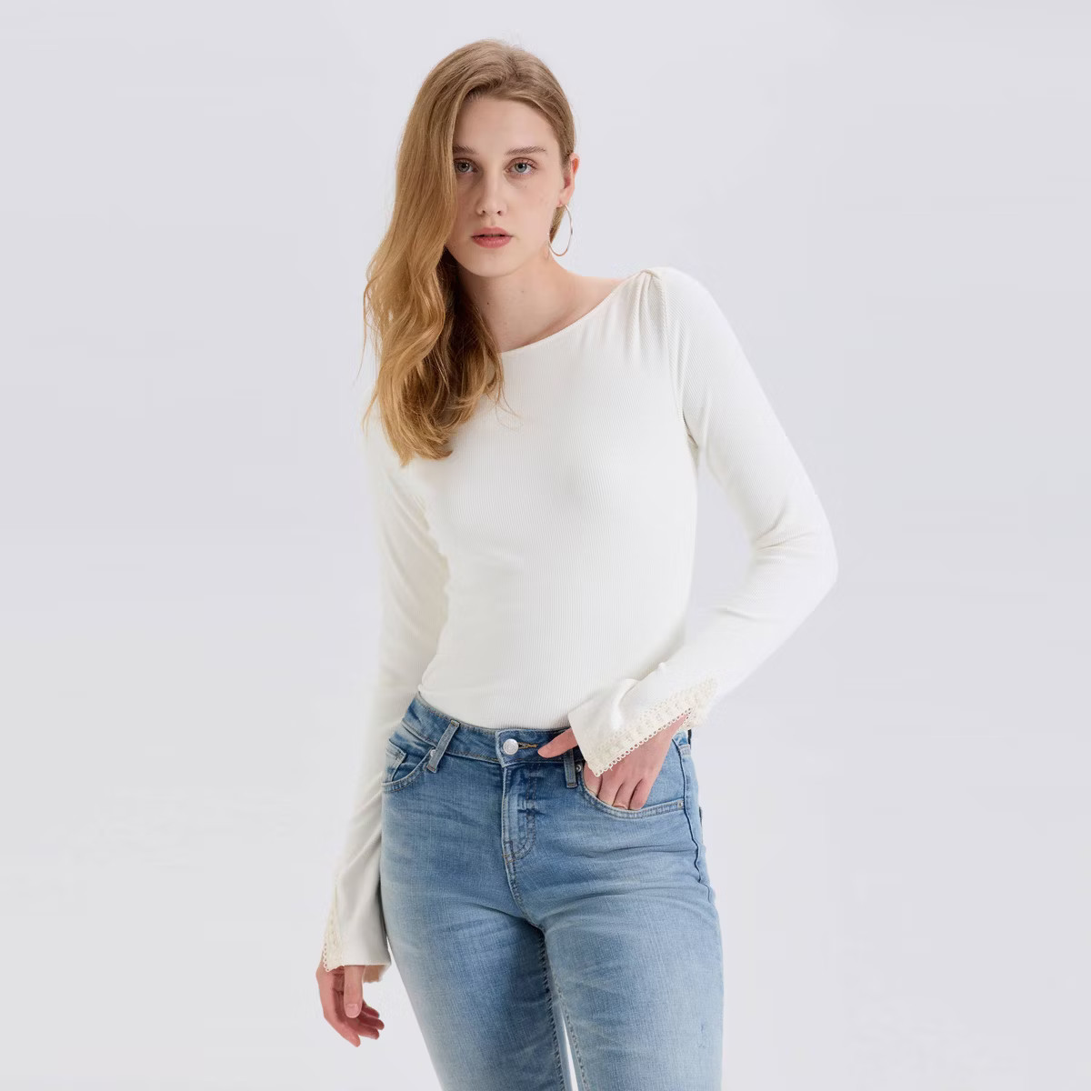 Women's Bell Long Sleeve Boat Neck Lace Rib-Knit Top - Wild Fable™ | Target