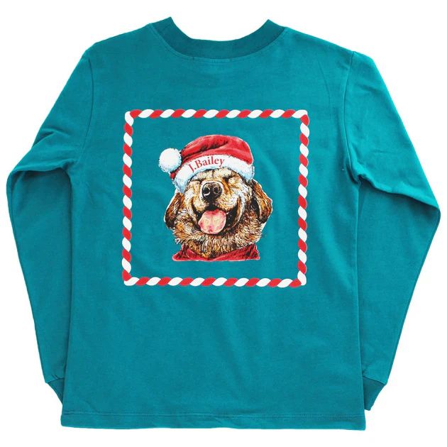 J. Bailey Long Sleeve Logo Tee- Santa Dog on Teal | The Bailey Boys