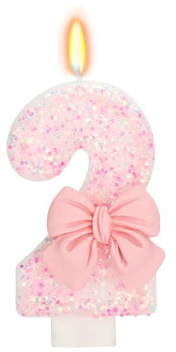 ElekFX Birthday Candle for Cake, 2 Candle - Pink Glitter with Bowknot, 2.76 inch Happy Birthday Candle, Cake Topper Decoration for 2 Years Old Birthday Party (Number 2) | Amazon (US)