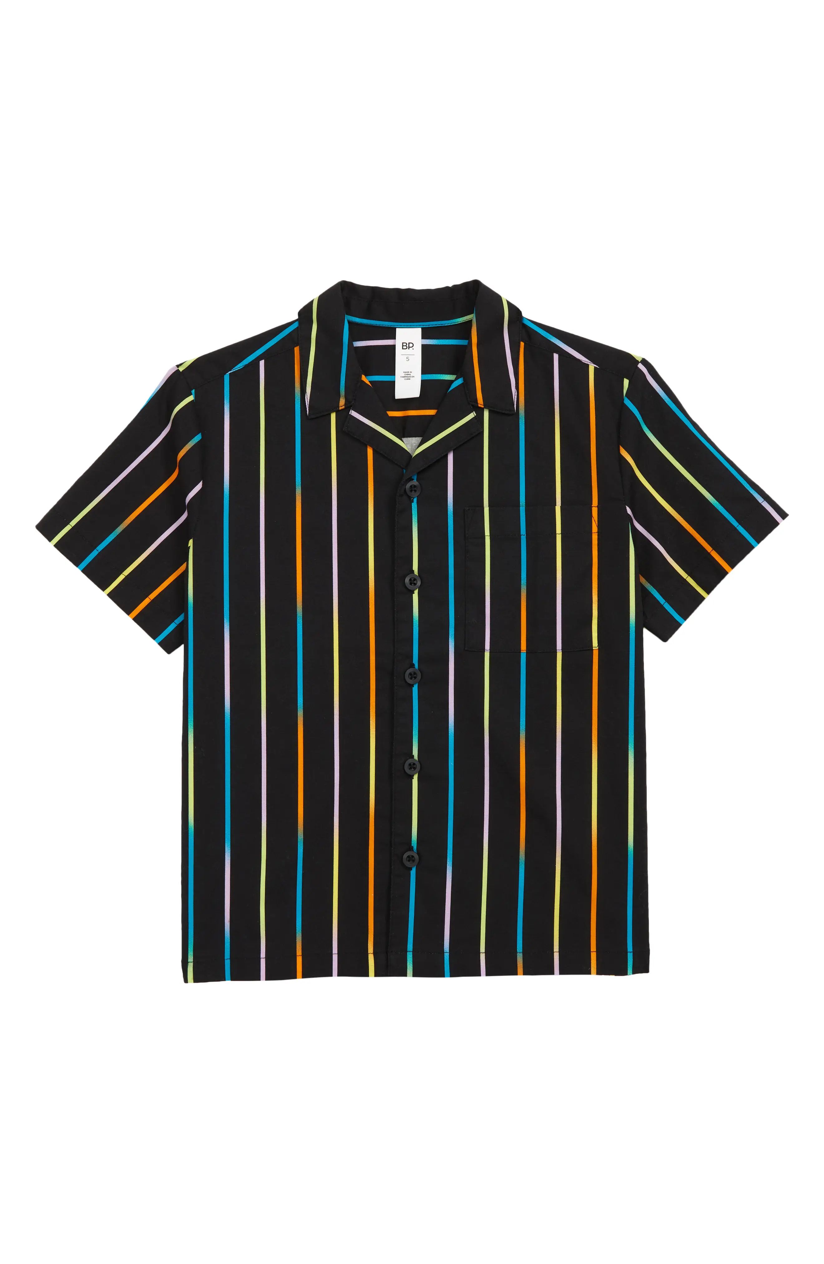 BP BE PROUD Kids' Pride Gender Inclusive Stripe Short Sleeve Button-Up Shirt in Black Prismatic Stri | Nordstrom