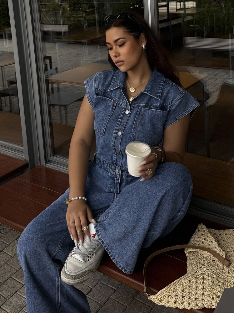 Dripcurv Plus Size Women Blue Cap Sleeve Casual Loose Summer Fashion Denim Jumpsuit | SHEIN