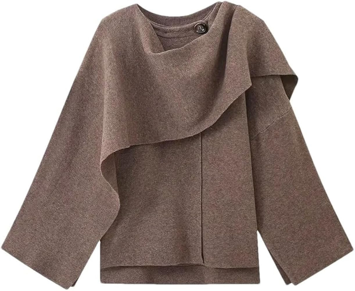 Damen-Umhang-Stil, Rundhalsausschnitt, kurzer Strickmantel, elegant, lässig, asymmetrisch, locke... | Amazon (DE)