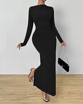 BTFBM Women Bodycon Maxi Dress Long Sleeve Back Slit Ruched Elegant Party Cocktail Formal Fall We... | Amazon (US)