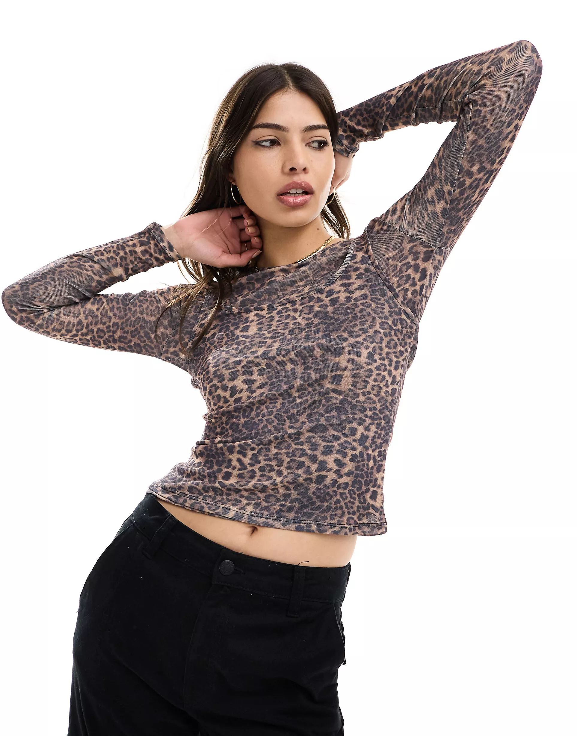 ASOS DESIGN double layer mesh long sleeve top in leopard graphic print | ASOS (Global)