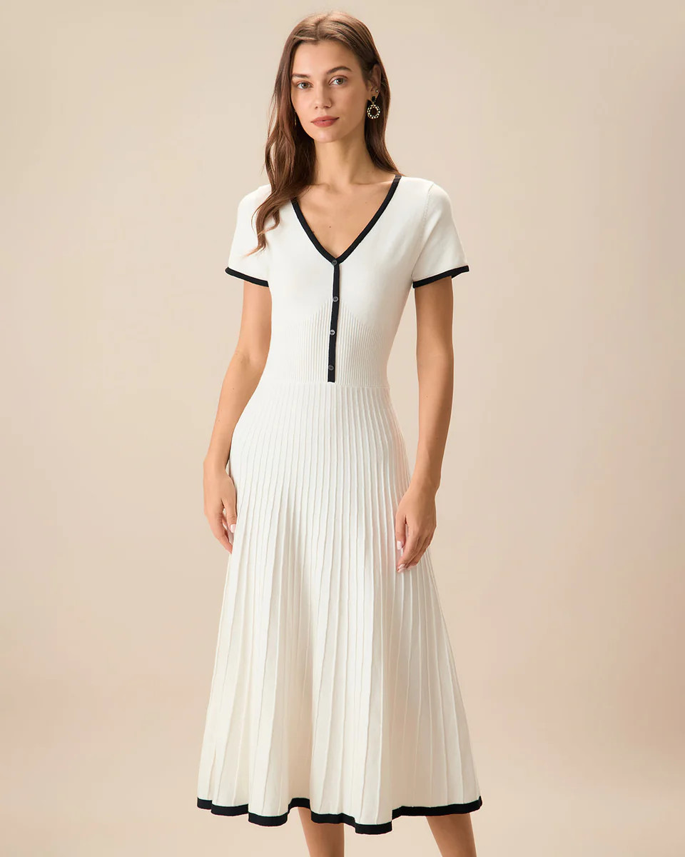 Women's White Contrasting Sweater Midi Dress | rihoas.com
