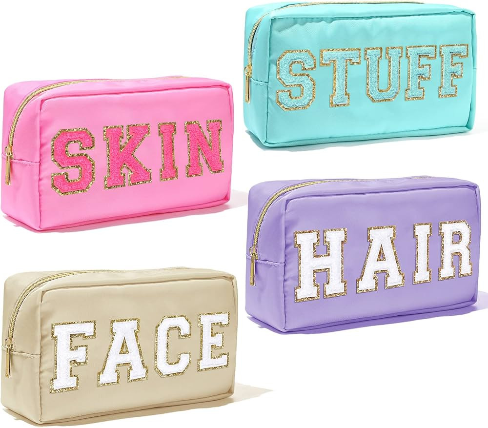 4Pcs Nylon Preppy Makeup Bag Chenille Letter Cosmetic Bag Pouch Zipper Preppy Travel Organization... | Amazon (US)