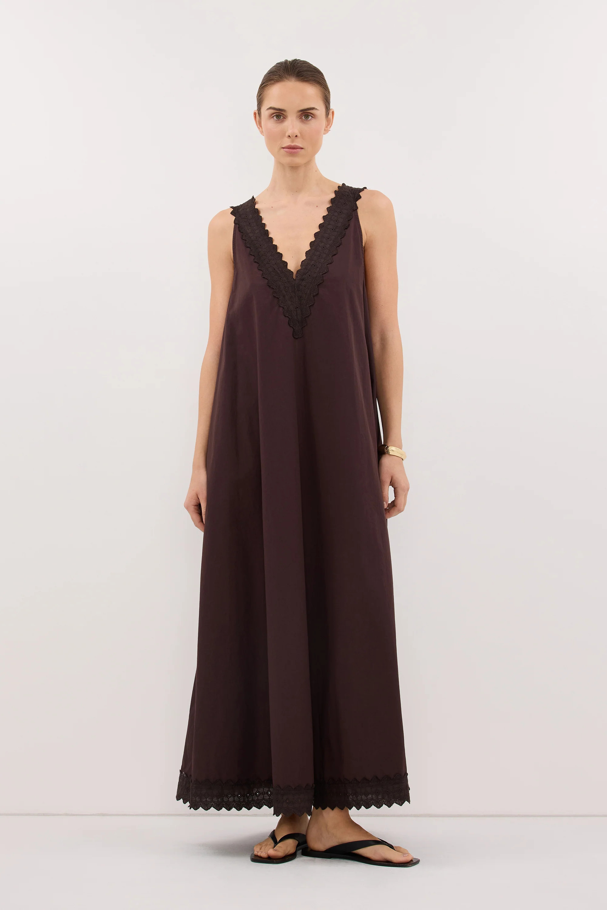ANNABEL BURNT CHOC SLEEVELESS V NECK MIDI DRESS | DISSH