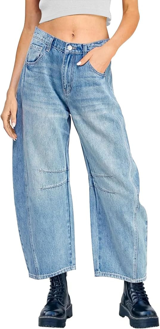 KUNMI Women's Wide Leg High Waisted Stretchy Straight Leg Jeans Baggy Loose Trendy Denim Pants | Amazon (US)