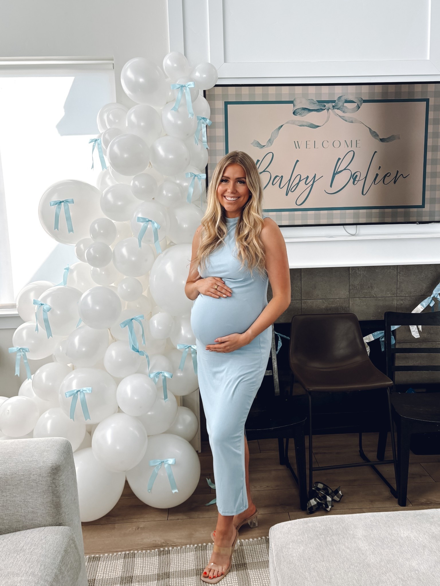blue bump friendly dress for my baby shower celebrating baby boy🩵 wearing my usual size M! the material is stretchy making it bump friendly! 
heels: true to size and comfortable 

| pregnant | bump friendly dress | baby shower outfit | womens blue dress | amazon dress | comfortable heels | clear strap heels | wedding guest outfit 

#LTKBump #LTKWedding #LTKFindsUnder100