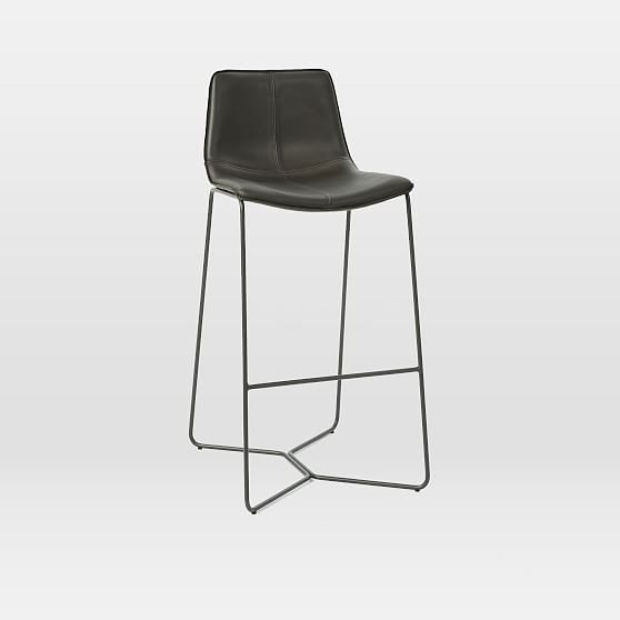 Slope Leather Bar Stool, Leather, Charcoal, Charcoal | West Elm (US)