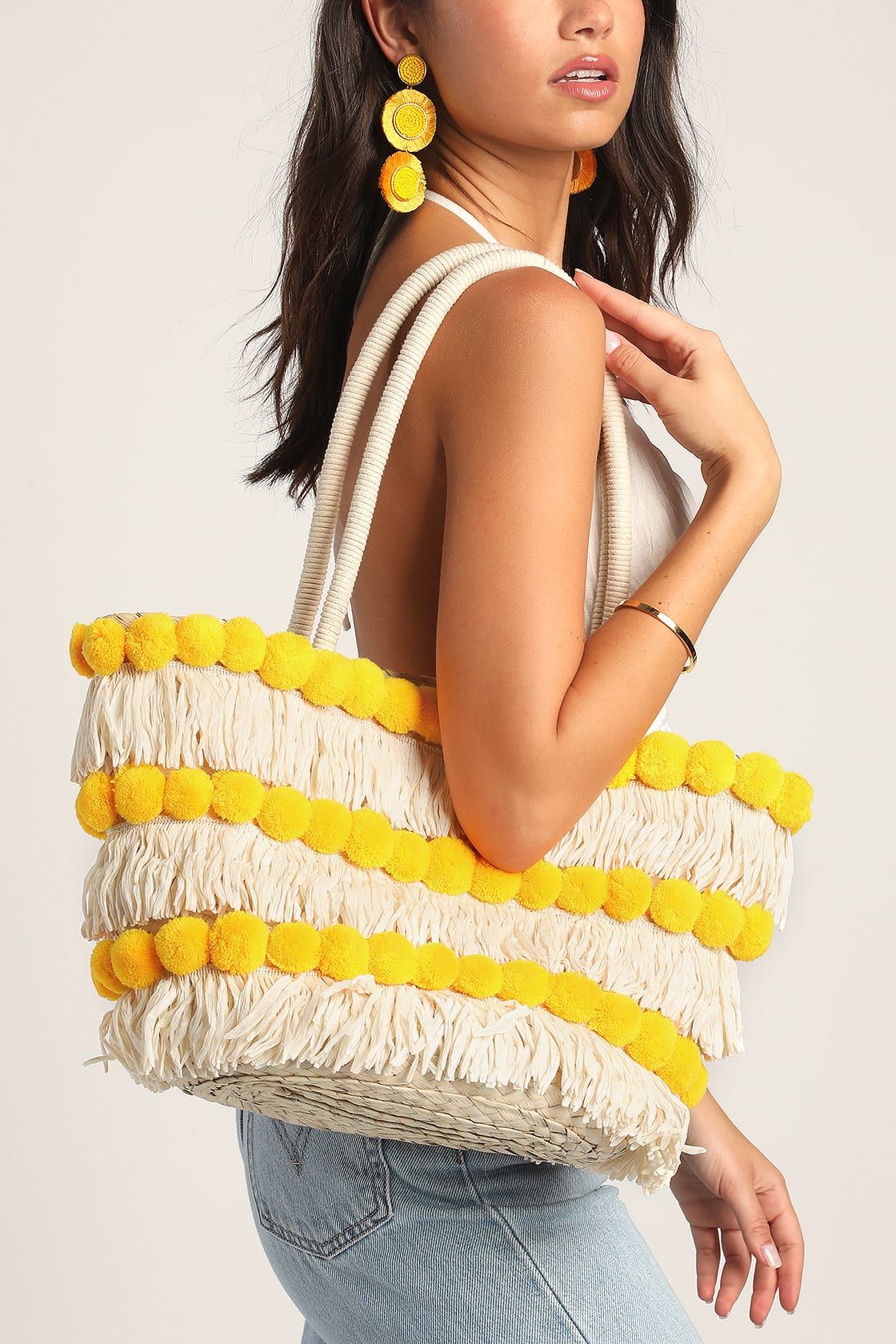 Pom Springs Yellow Pompom Fringe Straw Tote Bag | Lulus (US)