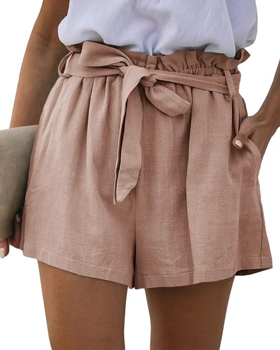 ReachMe Womens Casual Ruffle High Waisted Shorts Linen Paperbag Shorts with Pockets Elastic Belte... | Amazon (US)