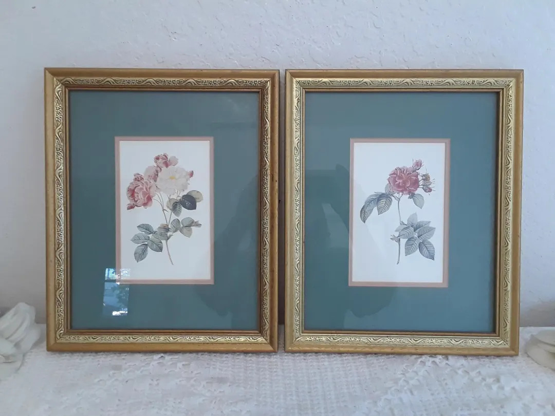 Vintage Ornate Gold Framed Pink Flower Green Matted Print Set Wall Hanging Decoration Paris Apart... | Etsy (US)