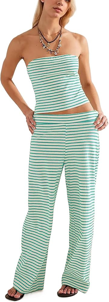 MISSACTIVER Women Sailor Tube Set 2 Piece Striped Outfits Strapless Crop Bandeau Elastic Waist Wi... | Amazon (US)