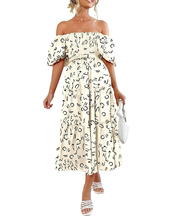 PRETTYGARDEN Womens Summer Puffy Short Sleeve Square Neck Smocked Tiered Ruffle Midi Dress | Amazon (US)