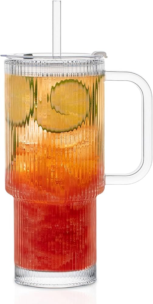 KEMORELA Large 26oz Clear Glass Mug with Handle and Sliding Lid – Aesthetic Ribbed Tumbler for ... | Amazon (US)
