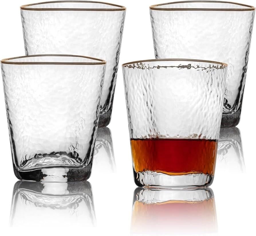 Gold Rim Whiskey Glasses Set 4 10 oz Triangular Shaped Hammered Glass Bourbon Glasses Single Malt... | Amazon (US)