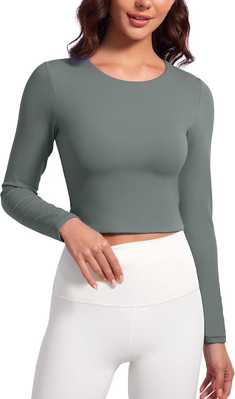 CRZ YOGA Butterluxe Double Lined Long Sleeve Workout Tops for Women Crew Neck Fitted Crop Tshirts... | Amazon (US)