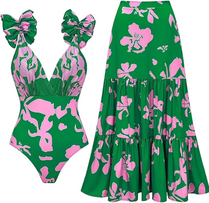 FLAXMAKER Blue and White Adjustable Shoulder Strip Plant Prints One Piece Swimsuit and Skirt/Saro... | Amazon (US)