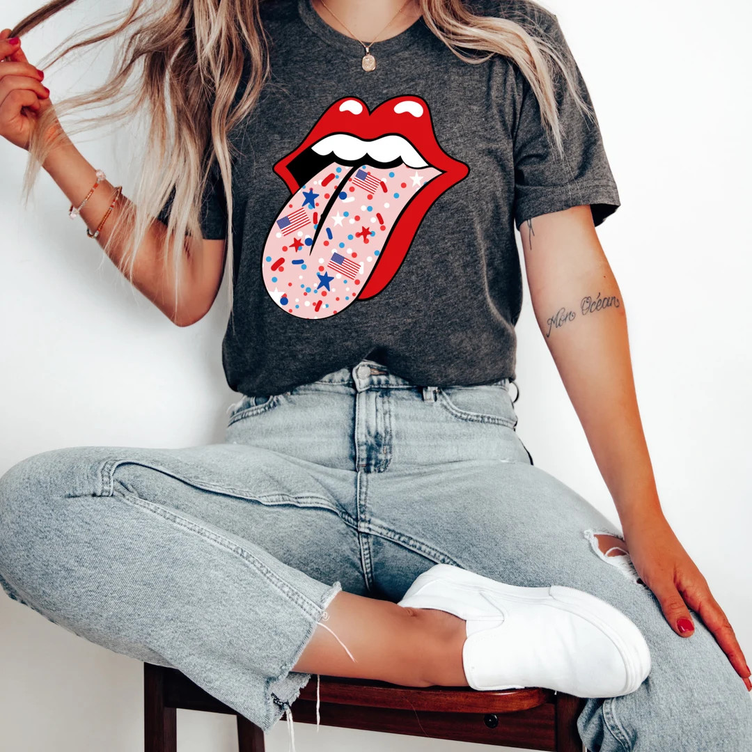 Americana Sprinkle tongue, rolling stones tongue, rock and roll, fourth of july tshirt, summer ba... | Etsy (US)