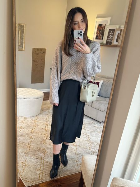 Church outfit, holiday outfit, satin skirt, silk skirt 

Skirt: TTS, small 
Sweater: tts, small 
Boots: on sale, tts

#LTKshoecrush #LTKfindsunder100 #LTKitbag