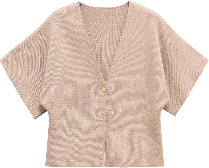 hathne Women's Short Sleeve V Neck Cardigan Lightweight Knit Sweater Button Down Office Casual To... | Amazon (US)