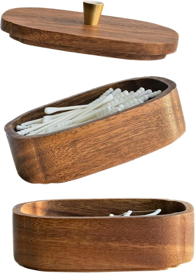 Acacia Wood Qtip Holder Bathroom Jars with Lids, Double-Layer Canisters for Cotton Ball/Round/Pad... | Amazon (US)