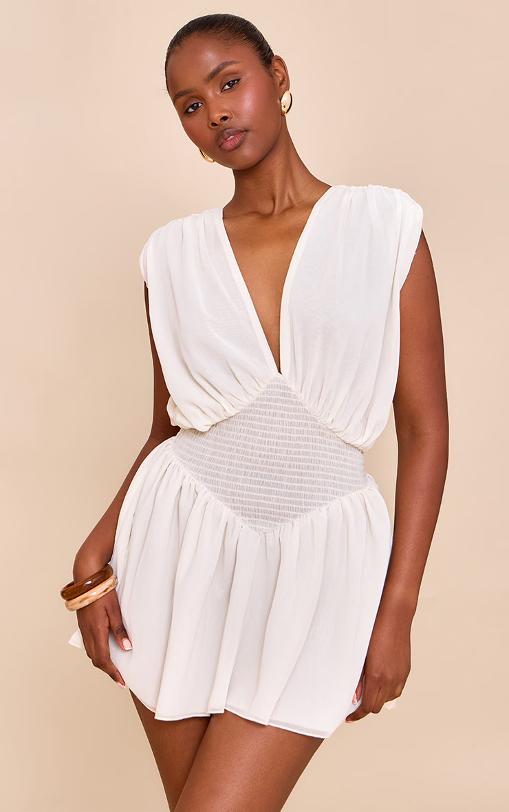 Almond Chiffon Shirred Mini Dress | Pretty Little Thing (Australia & New Zealand)