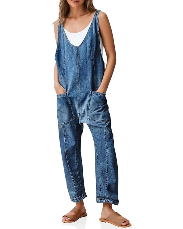 PLNOTME Women's Denim Overall Jumpsuits Sleeveless V Neck Adjustable Straps Jeans Long Pants Romp... | Amazon (US)