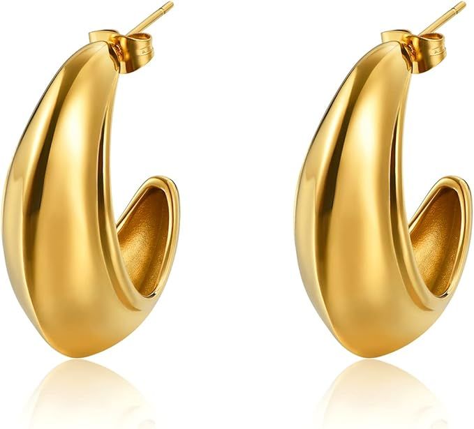 POVIK Chunky Gold Hoop Earrings for Women , 18K Real Gold Plated Open Half Thick Hoop Statement S... | Amazon (US)