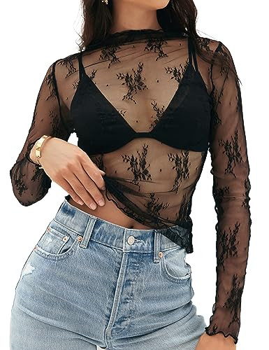 MEROKEETY Womens 2026 Mesh Sheer Lace Long Sleeve Top Sexy Y2k Mock Neck See Through Shirt Blouse... | Amazon (US)
