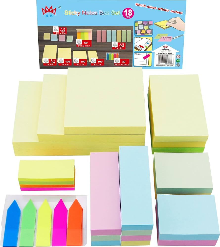 4A Sticky Notes Value Pack,Assorted The Most Commonly Used Sizes In One PP Box,Self-Stick Notes,1... | Amazon (US)