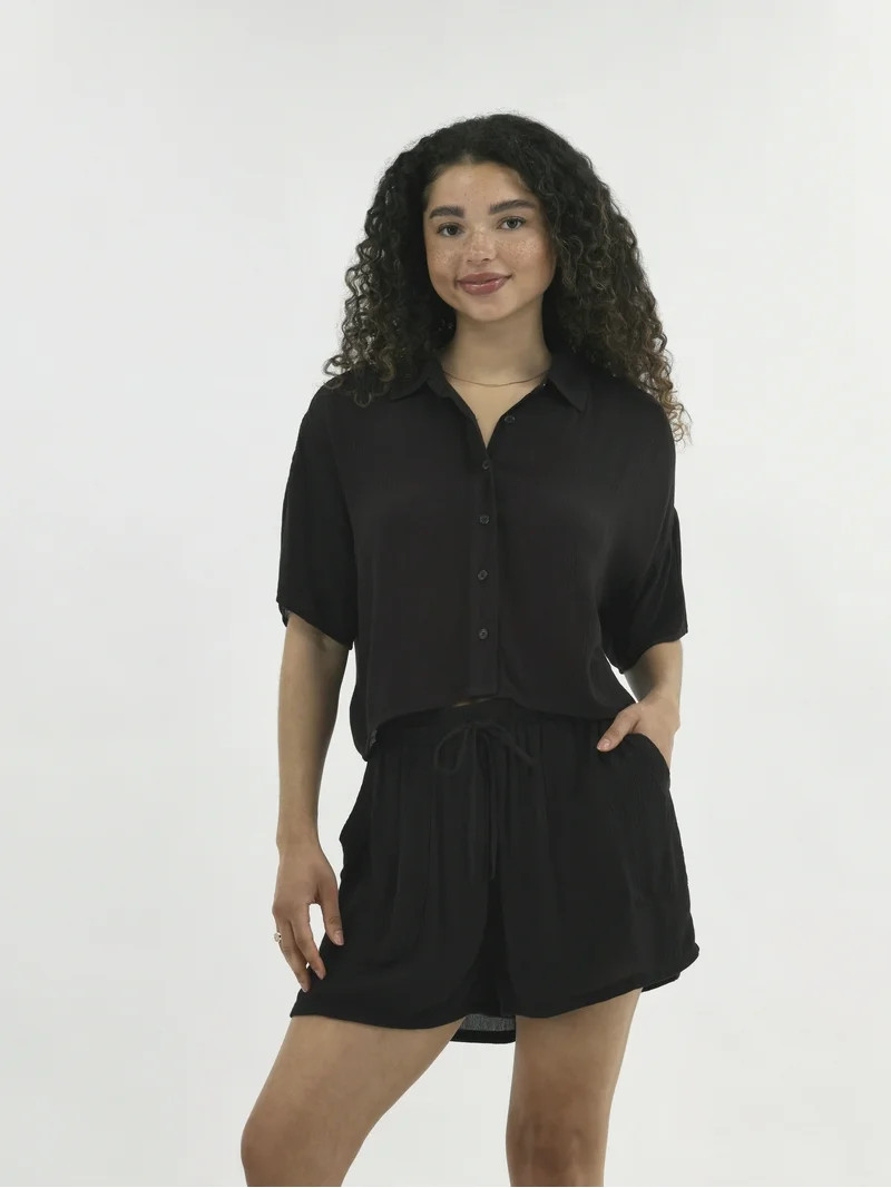 No Boundaries Woven Button Front Top and Shorts Set, 2-Piece, Women's | Walmart (US)