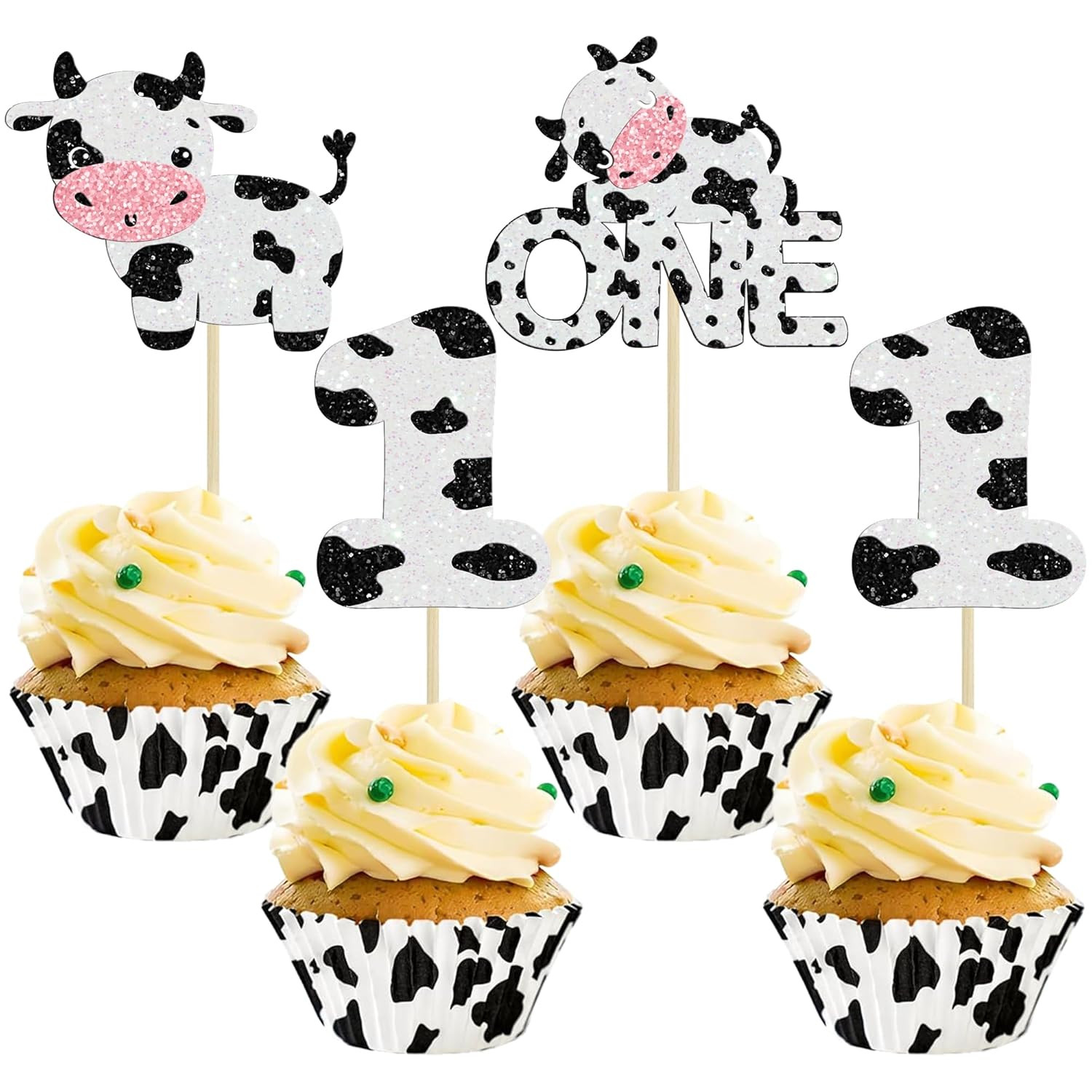 Gyufise 24Pcs Cow One Cupcake Toppers Glitter Farm Animals First Birthday Cupcake Picks Decoratio... | Amazon (US)